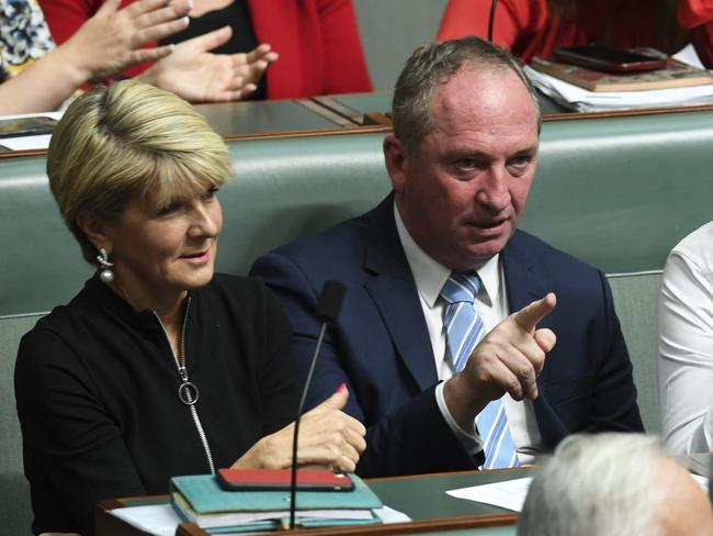 Former Australian Foreign Minister Julie Bishop and Former Deputy Prime Minister Barnaby Joyce in the House of Representatives at Parliament House in Canberra in 2019. Picture: AAP