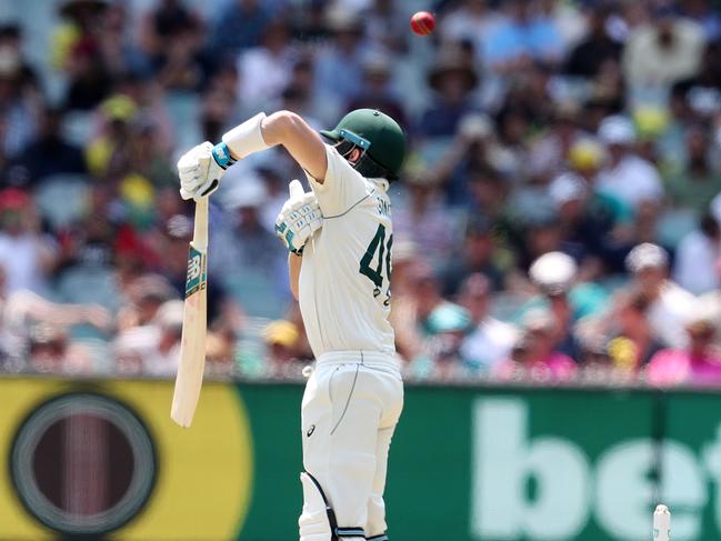 Steve Smith gloves a Wanger short ball to gully. Picture: Michael Klein