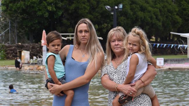 Bianca Wood and Kathyrn Gail with children Noah (2) and Navera Cridland (3) at the Banora Point Oasis pool, campaigning to keep it open. Picture: Liana Walker