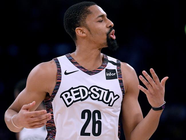 LOS ANGELES, CALIFORNIA - MARCH 10:  Spencer Dinwiddie #26 of the Brooklyn Nets reacts to his offensive foul during a 104-102 win over the Los Angeles Lakers at Staples Center on March 10, 2020 in Los Angeles, California. (Photo by Harry How/Getty Images)  NOTE TO USER: User expressly acknowledges and agrees that, by downloading and or using this photograph, User is consenting to the terms and conditions of the Getty Images License Agreement.