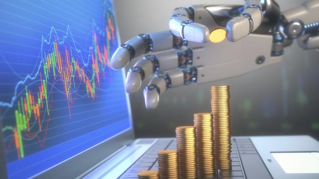 3D image concept of software (Robot Trading System) used in the stock market that automatically submits trades to an exchange without any human interventions. A robot hand counting money in graph form on the rise. Depth of field with focus on the gold coin on the fingers.