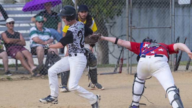 Ethan Cooper gets home safe for Dodgers against All Stars in Toowoomba Softball Association A-grade fixture at Kearneys Spring Sporting Complex, Saturday, November 7, 2020. Picture: Kevin Farmer