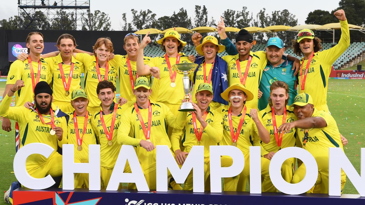 Australia celebrate after winning the Under-19 World Cup final. (Photo by Lee Warren/Gallo Images/Getty Images)