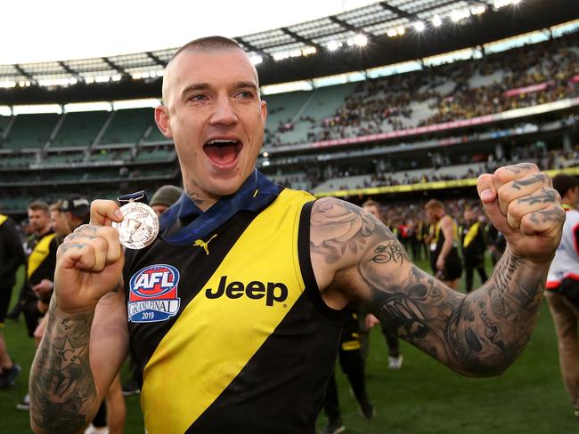 Richmond's Dustin Martin shows off his medal during the AFL Grand Final between the GWS Giants and Richmond Tigers at the MCG on September 28, 2019 in Melbourne. Picture. Phil Hillyard