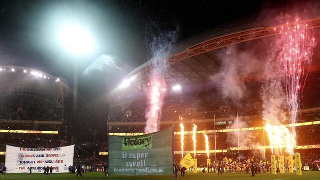 Adelaide Oval lights up before the start of the Crows v Bulldogs match on Friday. Picture: Sarah Reed