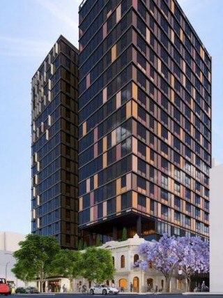 Plans have been revealed for 19-storey student housing on the heritage-listed Crown &amp; Anchor site on Grenfell St. Picture: Brown Falconer Architects