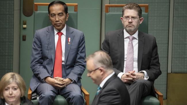 Joko Widodo listens to Anthony Albanese’s welcome. Picture: Gary Ramage.