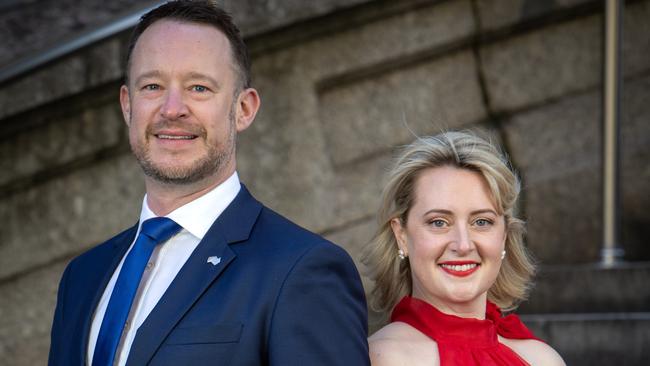 Sibling MPs Ben and Lucy Hood outside SA Parliament. They are hosting the 2023 SA Mid Winter Ball. Picture: Emma Brasier.