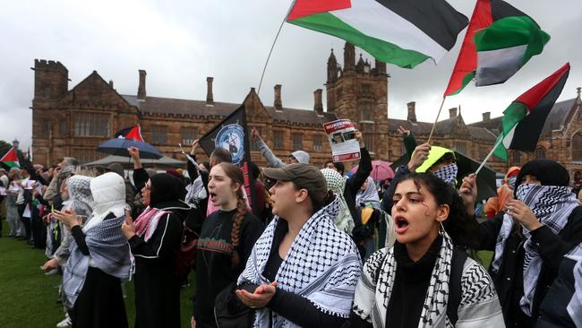 Protesters gather on the lawns of the University of Sydney in support of a pro-Palestine encampment. Picture: Getty Images