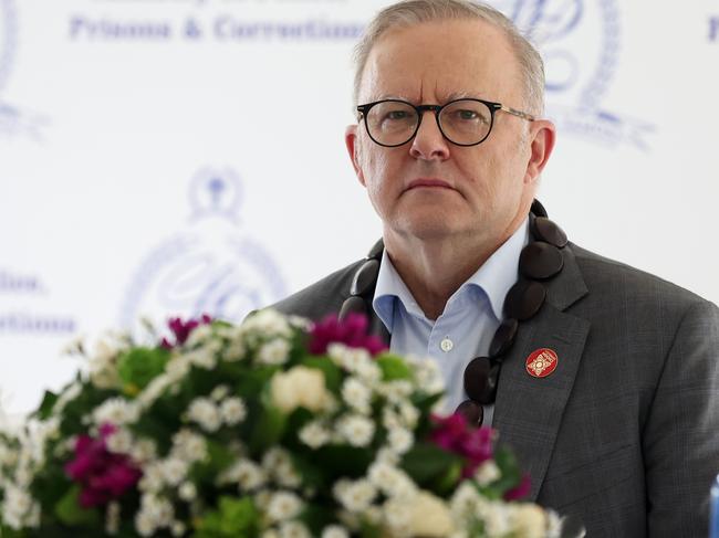 APIA, SAMOA - OCTOBER 26: Australian Prime Minister Anthony Albanese speaks at an event thanking the New Zealand, Australian and Pacific Police forces for their support during CHOGM at the village  on October 26, 2024 in Apia, Samoa. Samoa hosts the Commonwealth Heads of Government Meeting (CHOGM) 2024, with the main themes revolving around resilience and sustainability. Key discussions will focus on strengthening democratic institutions, combating climate change, promoting economic recovery, and empowering communities, particularly women and youth, to foster a more prosperous and equitable future across the Commonwealth. (Photo by Fiona Goodall/Getty Images)