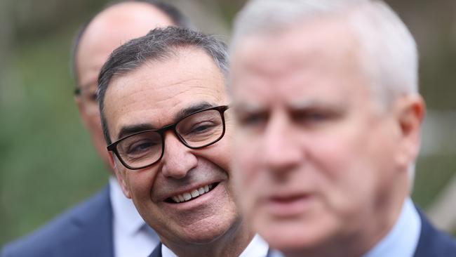 South Australian Premier Steven Marshall looks on as Deputy Prime Minister Michael McCormack speaks to the media during a visit the Heysen tunnels in Adelaide. Photo: NCA NewsWire / David Mariuz