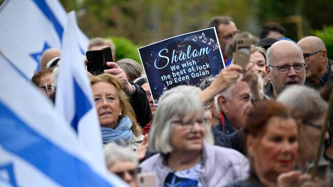 Demonstrators hold Israeli flags in support of Israeli singer Eden Golan at the Eurovision song contest in Malmo, Sweden, last week. Picture: Johan Nilsson/TT news agency / AFP