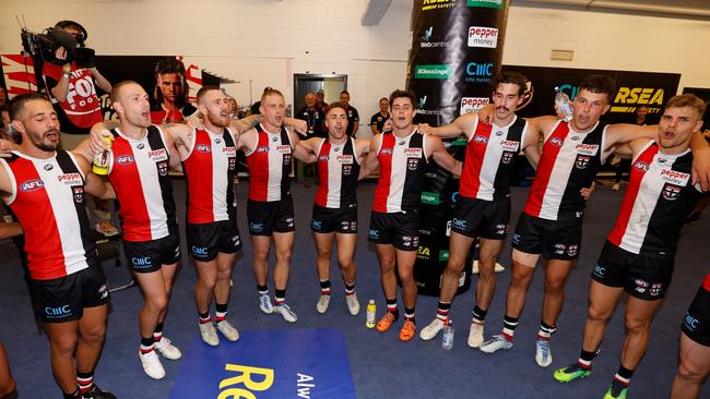 Saints players sing the team song with gusto after their latest win. Picture: AFL Photos via Getty Images