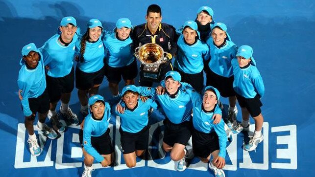 Joshua Galbraith (top, second from the left) with Novak Djokovic at the Men’s Single final in 2013. Picture: Supplied