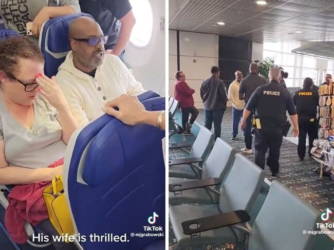 Wild footage has captured a passenger on a Southwest Airlines flight to Orlando throwing a tantrum over a crying toddler aboard the stalled flight. TikTok / @mjgrabowski