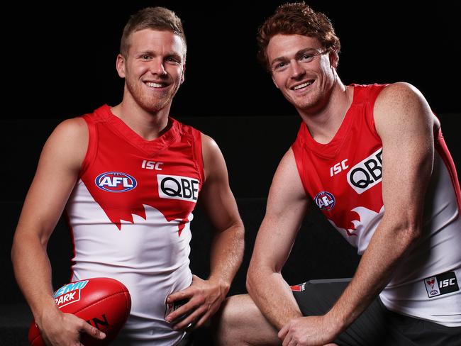 Portrait of Dan Hannebery and Gary Rohan during the Swans Grand Final week media session. Picture. Phil Hillyard