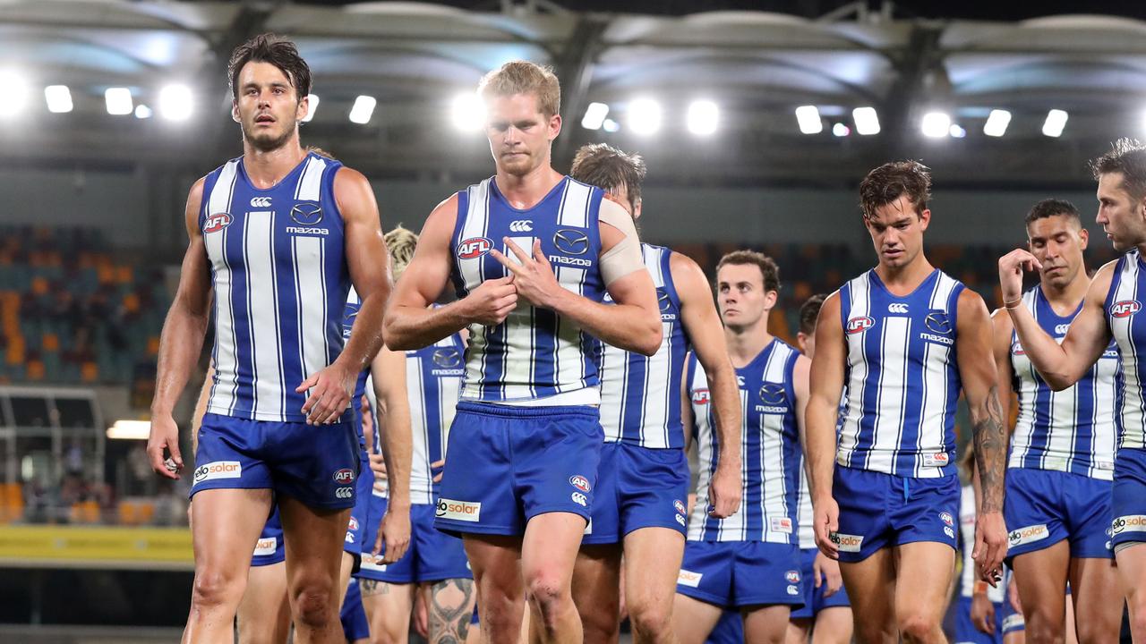 AFL Round 10. Geelong vs North Melbourne at the Gabba, Brisbane. 05/08/2020. Robbie Tarrant leads the Roos of the Gabba after losing to Geelong . Pic: Michael Klein