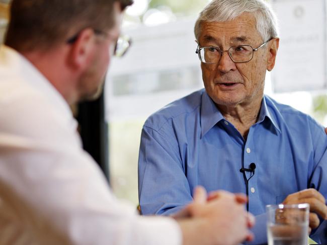 DAILY TELEGRAPH - 29.1.25Australian businessman Dick smith pictured at Sandstone Cafe in Terrey hills with journalist Lachie Leeming for High Steaks. Dick ate a steak sandwich without the bread. Picture: Sam Ruttyn