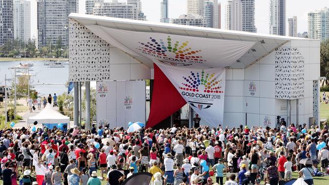 The crowd gathering at the Broadwater Parklands to learn whether the Gold Coast had won the Games.