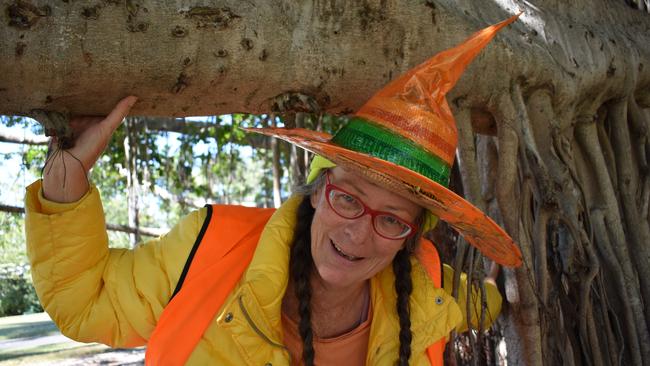 "The Road Fairy" Bernadette le Goullon campaigns at Mowbray Park as roadworks to widen Lytton Rd move into the park. Picture: Brian Bennion