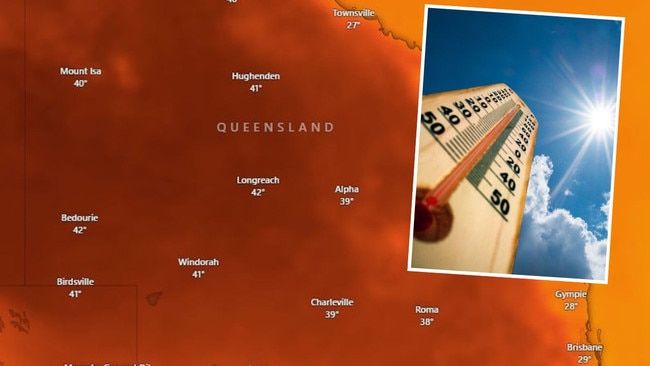 Forecast temperatures for the weekend suggest a number of places across central and western Queensland will pass 40C. Picture: Windy.com