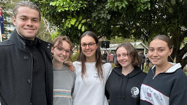 Quinn Edwards, Tallulah Veal, Poppy Lee, Gabbi Sondermeyer and Abby McCullagh following the Anzac Day Dawn Service in Mudjimba on April 25. Picture: Letea Cavander