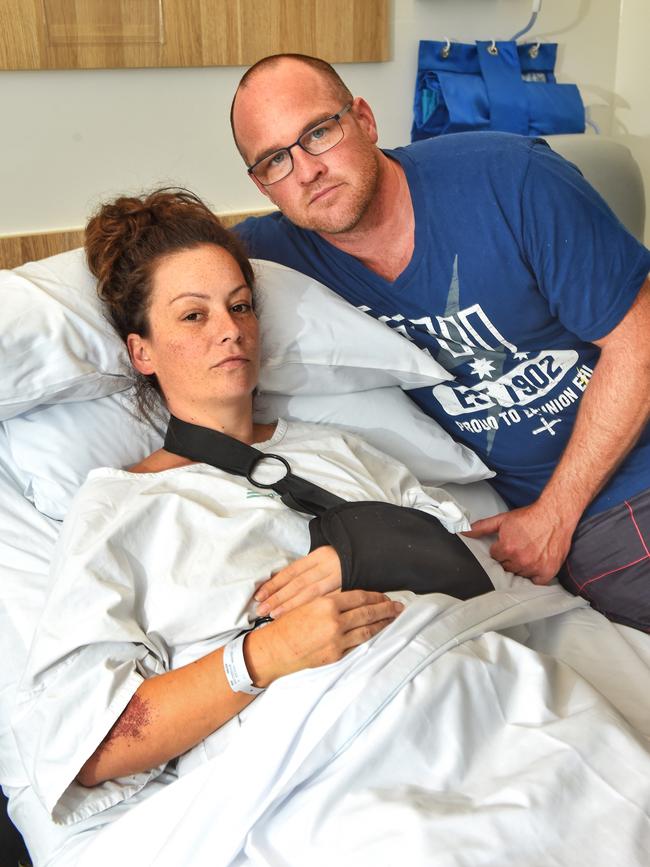 Michelle Nash in hospital with her husband after being hit. Picture: Tony Gough