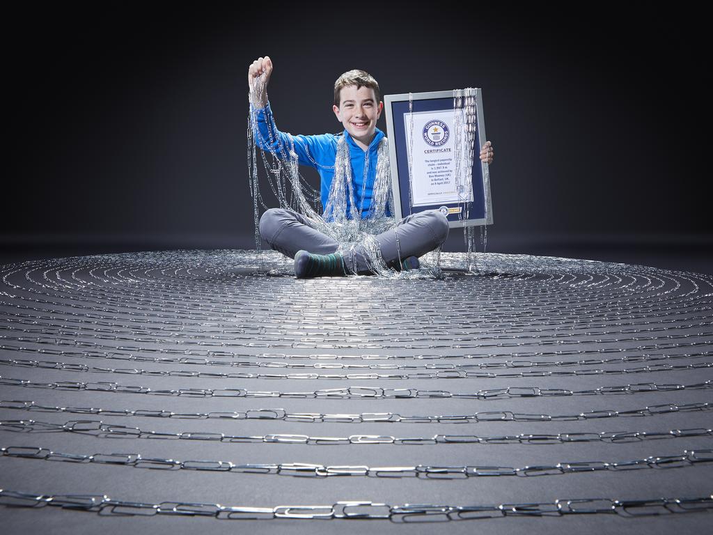 Ben Mooney - Longest paperclip chain. Picture: Paul Michael Hughes/Guinness World Records