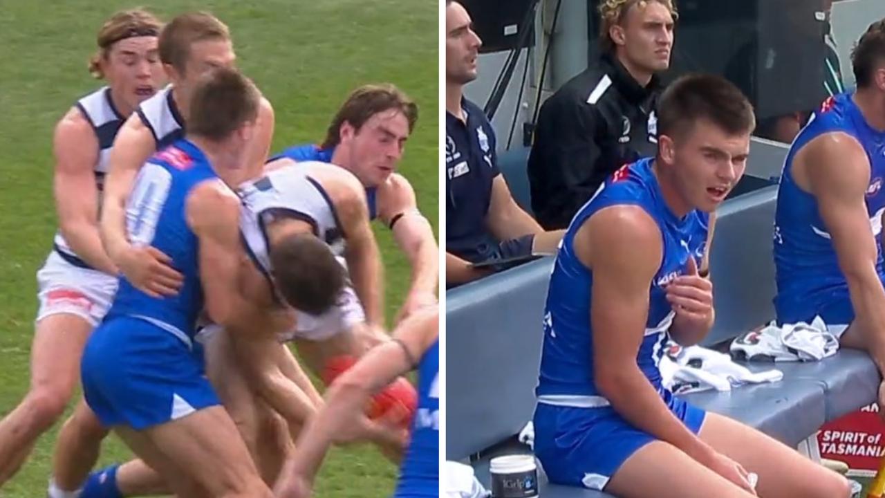 North Melbourne's Colby McKercher injures his ribs.