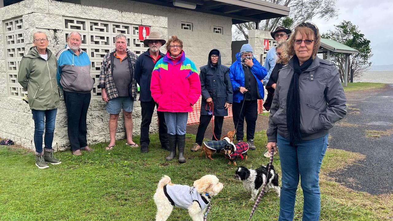 Ann-Maree Macdonald (right) and other Boonooroo residents at the decommissioned public toilet block.