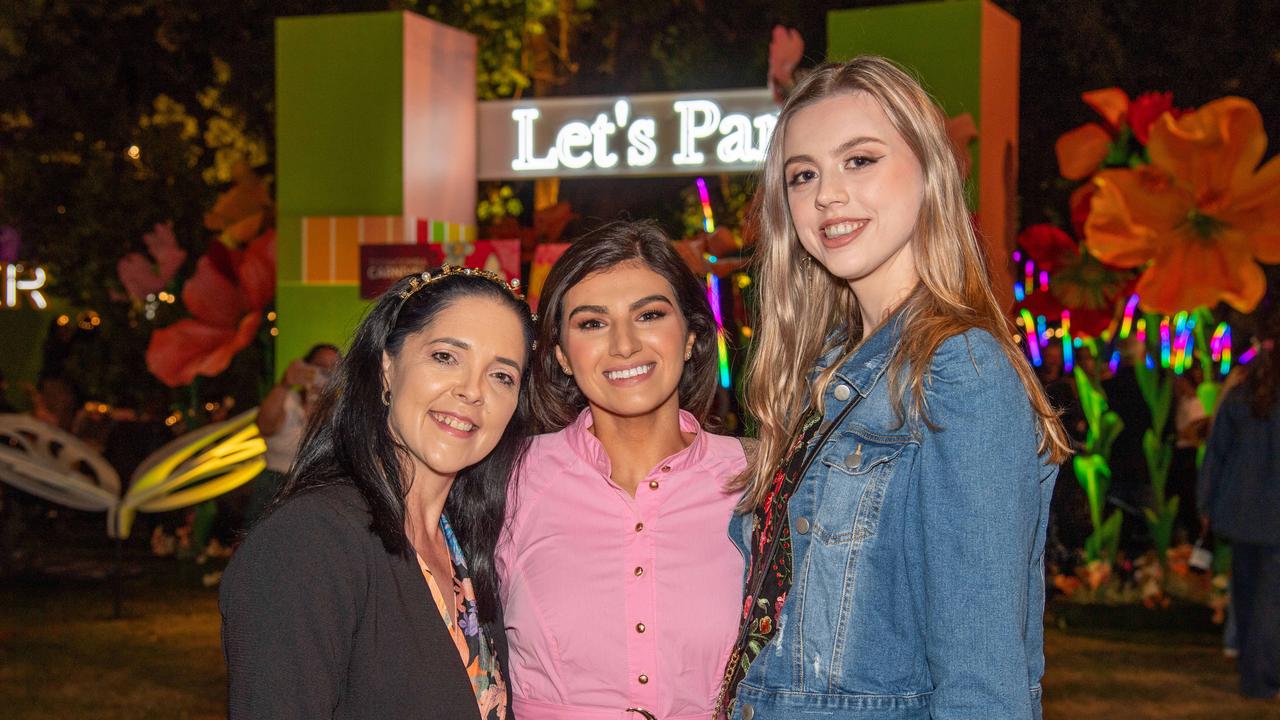 (From left) Mel Gillespie, Anne Stephens and Stevie Winder. Toowoomba Carnival of Flowers Festival of Food and Wine. Saturday, September 14, 2024. Picture: Nev Madsen