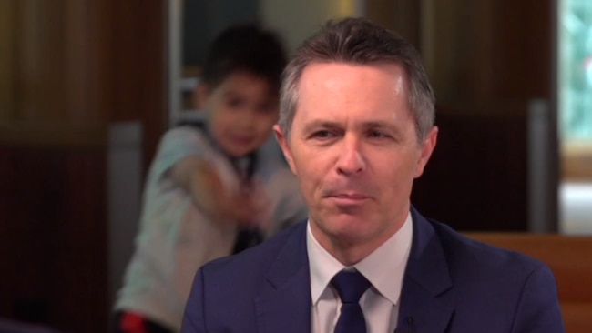 Jason Clare was doing a one-on-one interview with Chief News Anchor Kieran Gilbert in Parliament House when a playful figure in the background emerged. Picture: Supplied