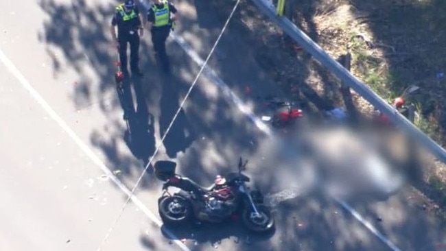 Overhead view of the motorcycle crash that killed a man on the Great Ocean Road. Picture: 9News