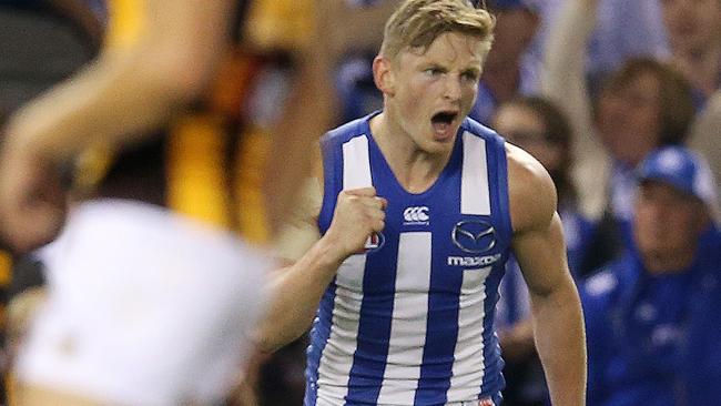 Jack Ziebell celebrates a goal against Hawthorn. Picture: Michael Klein