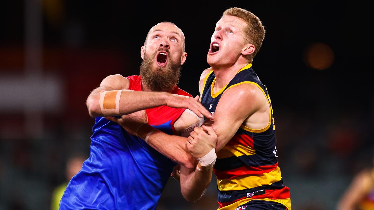 Max Gawn and Reilly O'Brien had a fascinating battle during the Demons’ win over Adelaide. Picture: Daniel Kalisz