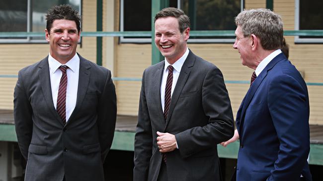 Sea Eagles coach Trent Barrett, Chairman Scott Penn and new CEO Lyall Gorman. Picture: Adam Yip