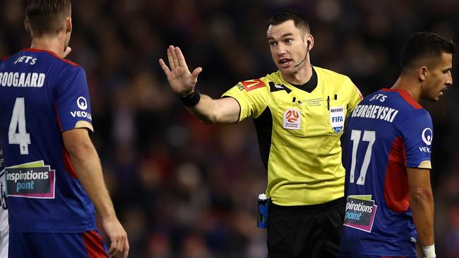 Referee Jarred Gillett during last season’s A-League grand final between Newcastle and Melbourne Victory. Picture: Getty Images 