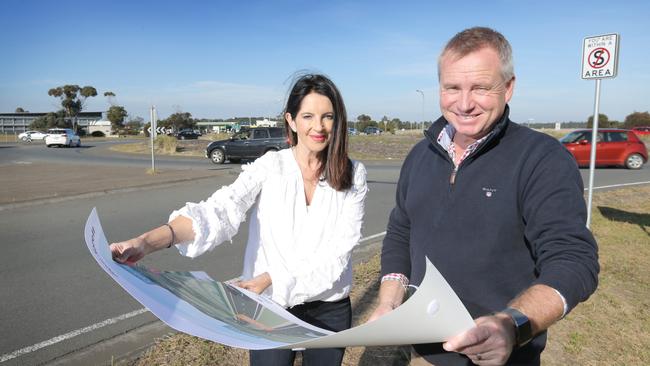 Former Infrastructure Minister Jeremy Rockliff and then-Liberal candidate Jane Howlett announcing measures to reduce traffic congestion at the Hobart airport roundabout in 2018. Picture: PATRICK GEE