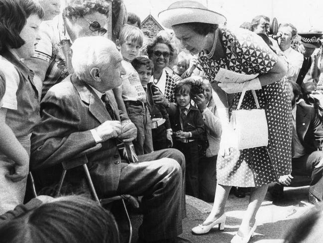 The Queen stops to speak to Stanley Day, 107, during her Jubilee royal visit of 1977.