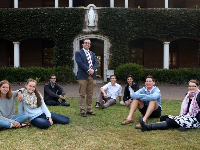 24/05/2018: Campion College President Dr Paul Morrissey with students on their campus in Toongabbie, Sydney.Campion College is Australia's first liberal arts college and offers a dedicated course in western civilisation.Pic by James Croucher