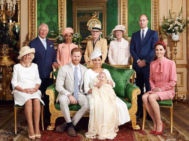 Prince Harry and Meghan Markle with their son, Archie Mountbatten-Windsor and the royal family inside the Green Drawing Room at Windsor Castle. Picture: Chris Allerton/SussexRoyal via Getty Images