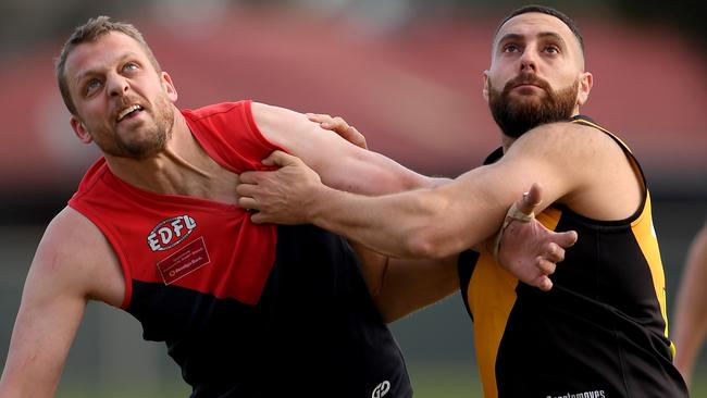 Tullamarine and Westmeadows do battle in EDFL Division 1. Picture: Andy Brownbill