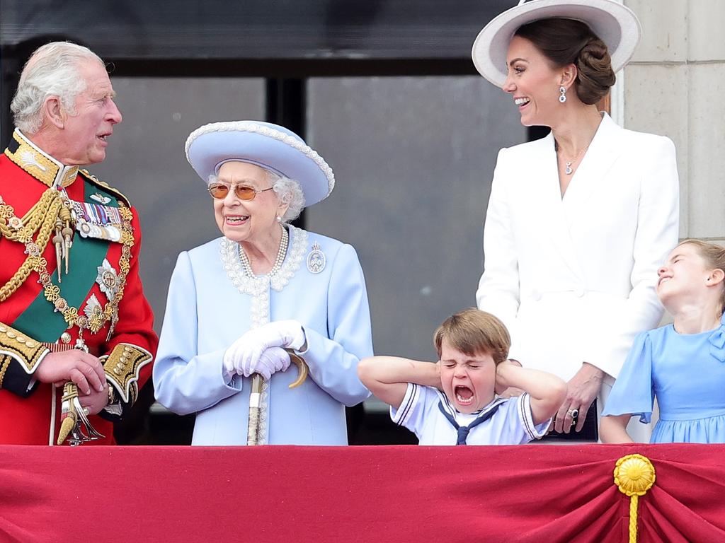 Queen Elizabeth II on the balcony of Buckingham Palace during Trooping the Colour alongside (L-R) Prince Charles, Prince Louis, Catherine, Duchess of Cambridge and Princess Charlotte. Picture: Chris Jackson/Getty Images.