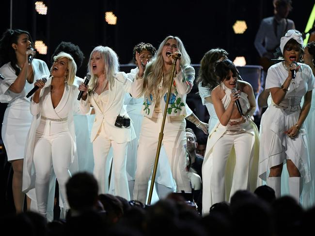 Kesha performs with Bebe Rexha, Cindy Lauper, Camila Cabello at the 60th Annual GRAMMY Awards at Madison Square Garden on January 28, 2018 in New York City. Picture: AFP