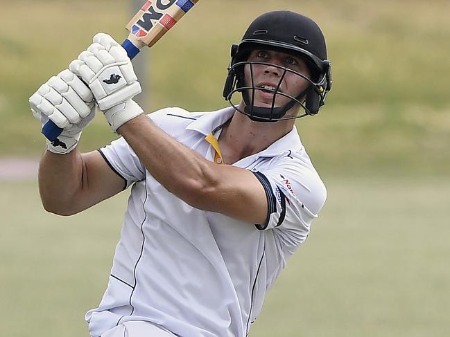 Patrick Willach hits a six during the VTCA Cricket: Doutta Stars v St Albans cricket match in Essendon, Saturday, Nov. 21, 2020. Picture: Andy Brownbill