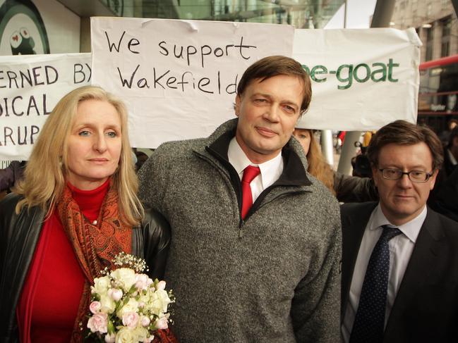 Dr Andrew Wakefield, centre, with his now ex-wife Carmel. Picture: Getty Images