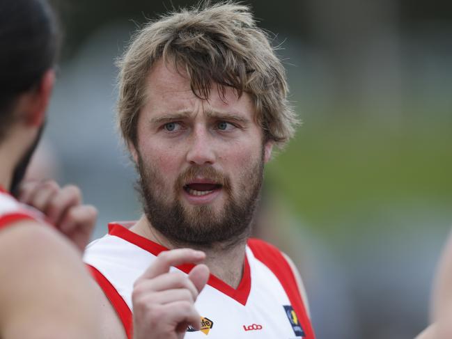 MPNFL Division 1 football: Frankston Bombers v Sorrento. - Sorrento coach addressing players.  Picture: Valeriu Campan