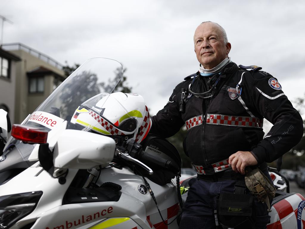 Motorcycle paramedic Paul Smith beats the regular NSW Ambulance to Bondi to help an elderly man, Picture: Richard Dobson