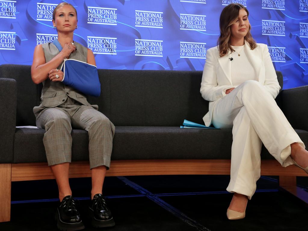 Grace Tame and Brittany Higgins at the National Press Club. Picture: Lisa Maree Williams/Getty Images