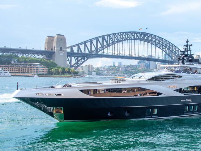 Super Yacht Ghost II on Sydney Harbour for Jackie O’s birthday party. Picture: Thomas Lisson